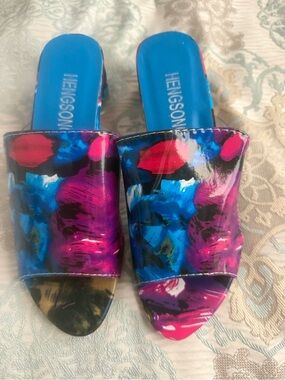 Floral Patent Slide Heels in Blue & Pink